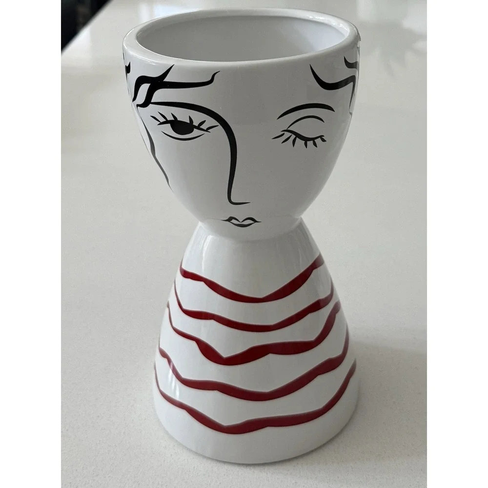 Lady Head Large Vase Planter Ceramic‎ White Black Red 9